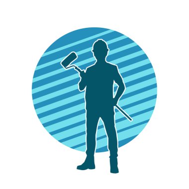 Boya işi yapan bir erkek işçinin silüeti. Bir iç ressamın silueti..