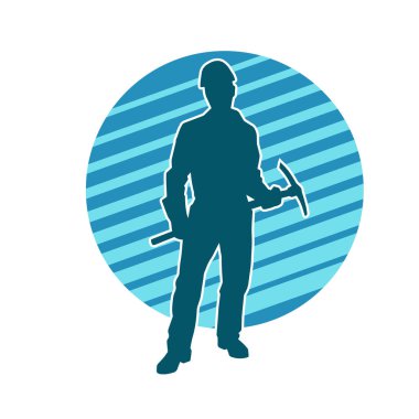 Görev sırasında baltayla dolaşan işçi kostümlü bir adamın silüeti. Bir madencinin hareket halindeki silueti balta aracı ile poz verir.