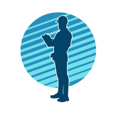 İnşaat işçisi kostümlü bir adamın silueti. İnşaat işçisinin silueti pozda.. 