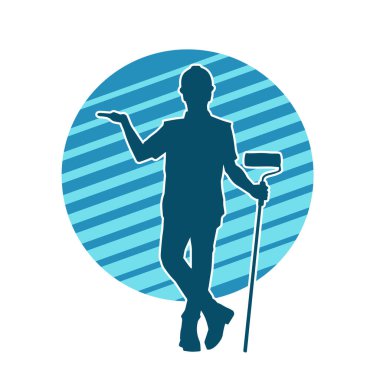 Boya işi yapan bir erkek işçinin silüeti. Bir iç ressamın silueti..