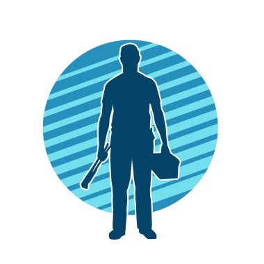 İnşaat işçisi kostümlü bir adamın silueti. İnşaat işçisinin silueti pozda.. 