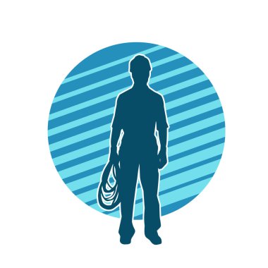 İnşaat işçisi kostümlü bir adamın silueti. İnşaat işçisinin silueti pozda.. 