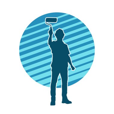 Boya işi yapan bir erkek işçinin silüeti. Bir iç ressamın silueti..