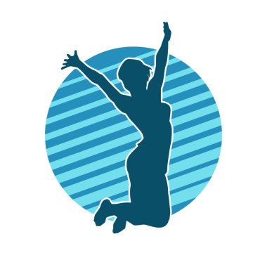 Mutlu bir kadının silueti atlama pozu. Bir kız modelin silueti sıçrar.