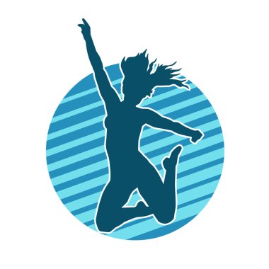 Mutlu bir kadının silueti atlama pozu. Bir kız modelin silueti sıçrar.