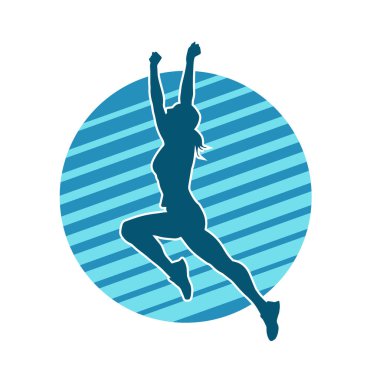 Mutlu bir kadının silueti atlama pozu. Bir kız modelin silueti sıçrar.