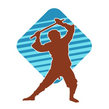 Samuray kılıcı taşıyan dövüş sanatları kostümlü bir erkek dövüşçünün silueti.. 