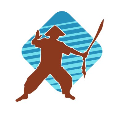 Samuray kılıcı taşıyan dövüş sanatları kostümlü bir erkek dövüşçünün silueti.. 