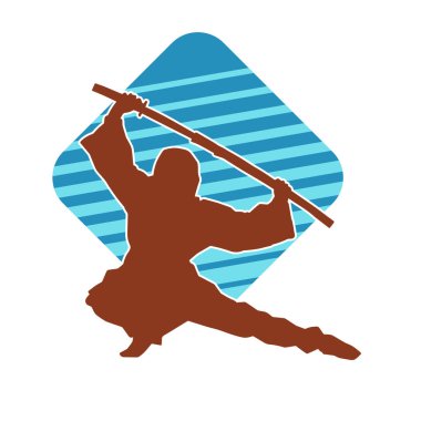 Samuray kılıcı taşıyan dövüş sanatları kostümlü bir erkek dövüşçünün silueti.. 