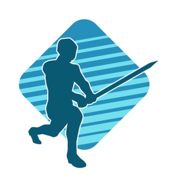 Bir erkek savaşçının silueti kılıçla poz veriyor. Kılıç taşıyan bir savaşçının silueti..