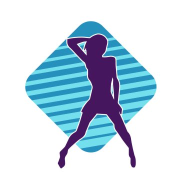 Hareketli pozlarda mini etek giyen bir kadın dansçının silueti. Zayıf bir kadının silueti mutlu bir şekilde dans ediyor..