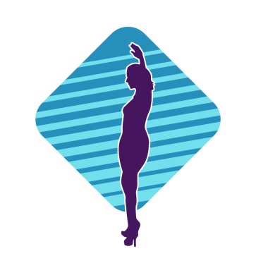 Hareketli pozlarda mini etek giyen bir kadın dansçının silueti. Zayıf bir kadının silueti mutlu bir şekilde dans ediyor..