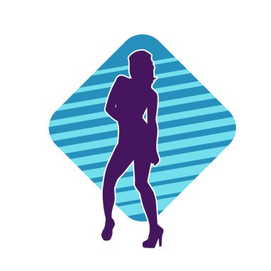 Hareketli pozlarda mini etek giyen bir kadın dansçının silueti. Zayıf bir kadının silueti mutlu bir şekilde dans ediyor..