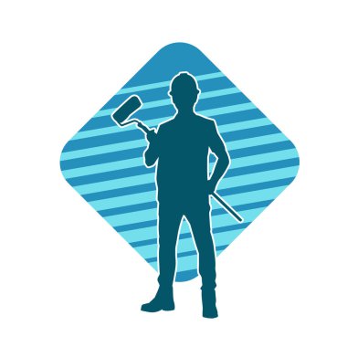 Boya işi yapan bir erkek işçinin silüeti. Bir iç ressamın silueti..