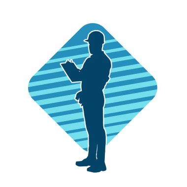 İnşaat işçisi kostümlü bir adamın silueti. İnşaat işçisinin silueti pozda.. 