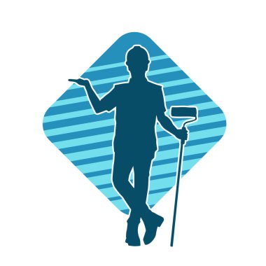 Boya işi yapan bir erkek işçinin silüeti. Bir iç ressamın silueti..