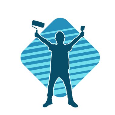 Boya işi yapan bir erkek işçinin silüeti. Bir iç ressamın silueti..