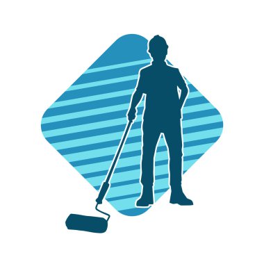 Boya işi yapan bir erkek işçinin silüeti. Bir iç ressamın silueti..