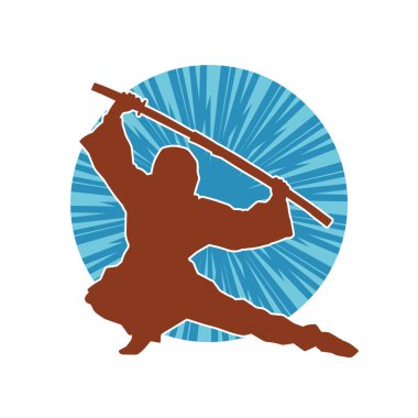 Samuray kılıcı taşıyan dövüş sanatları kostümlü bir erkek dövüşçünün silueti.. 