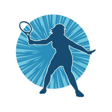 Hareketli bir bayan tenisçinin silueti. Raketle tenis oynayan bir kadının silueti..