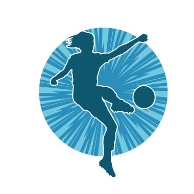Topa vuran bayan futbolcunun silueti. Hareketli bir futbolcu kadının silueti..