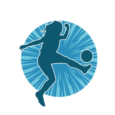 Topa vuran bayan futbolcunun silueti. Hareketli bir futbolcu kadının silueti..