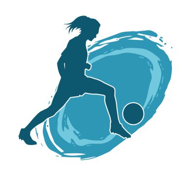 Topa vuran bayan futbolcunun silueti. Hareketli bir futbolcu kadının silueti..