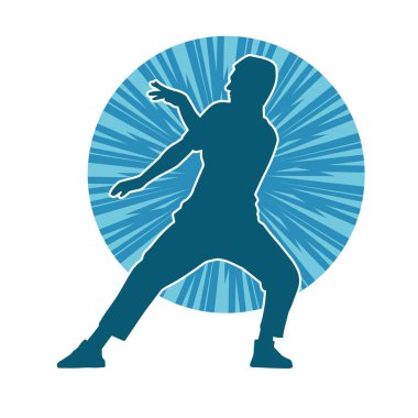 Hareket halindeki bir erkek dansçının silueti. Dans eden zayıf bir adamın silueti..