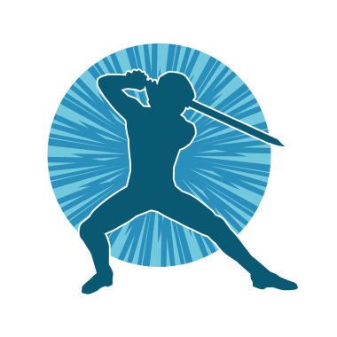 Bir erkek savaşçının silueti kılıçla poz veriyor. Kılıç taşıyan bir savaşçının silueti..