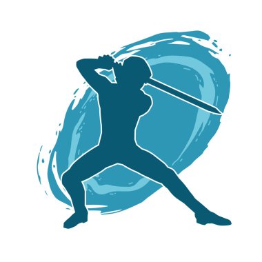 Bir erkek savaşçının silueti kılıçla poz veriyor. Kılıç taşıyan bir savaşçının silueti..