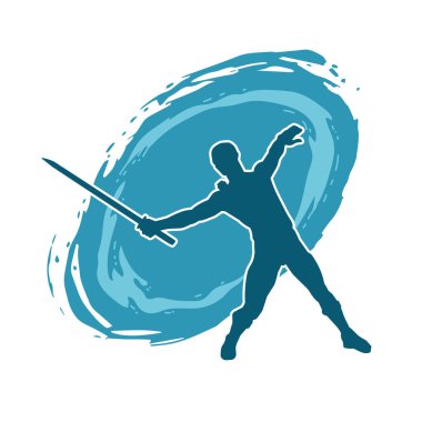 Bir erkek savaşçının silueti kılıçla poz veriyor. Kılıç taşıyan bir savaşçının silueti..