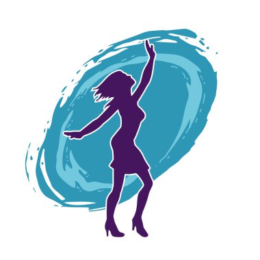 Hareketli pozlarda mini etek giyen bir kadın dansçının silueti. Zayıf bir kadının silueti mutlu bir şekilde dans ediyor..