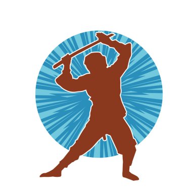 Samuray kılıcı taşıyan dövüş sanatları kostümlü bir erkek dövüşçünün silueti.. 