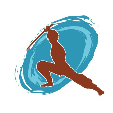 Kung fu 'nun silueti ya da Wushu dövüş sanatları sporcusu pozu. Kılıçlı bir erkek dövüş sanatının silueti..