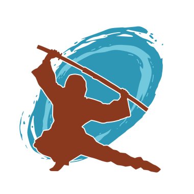 Samuray kılıcı taşıyan dövüş sanatları kostümlü bir erkek dövüşçünün silueti.. 