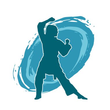 Dövüş sanatları yapan zayıf bir kadının silueti. Dövüş sanatlarında çalışan bir kadının silueti..