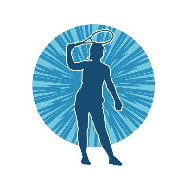 Hareketli bir bayan tenisçinin silueti. Raketle tenis oynayan bir kadının silueti..