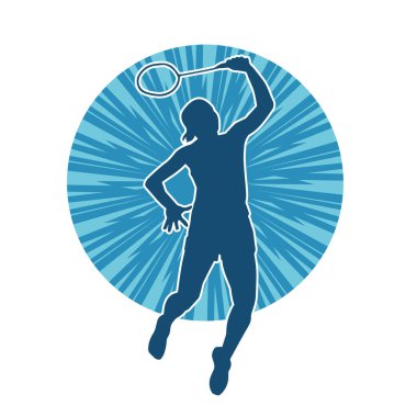 Badminton sporu yapan zayıf bir bayan sporcunun silueti. Bir kadın badminton oyuncusunun silueti..