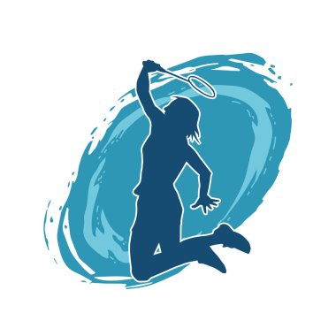 Badminton sporu yapan zayıf bir bayan sporcunun silueti. Bir kadın badminton oyuncusunun silueti..