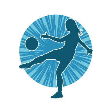 Topa vuran bayan futbolcunun silueti. Hareketli bir futbolcu kadının silueti..