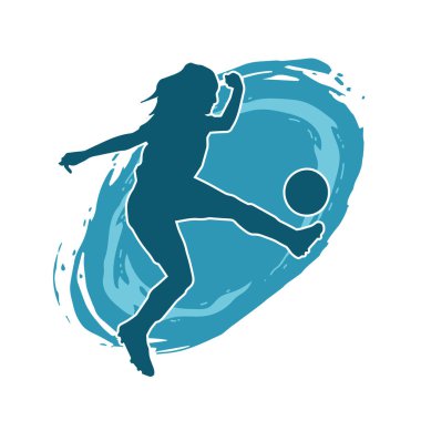 Topa vuran bayan futbolcunun silueti. Hareketli bir futbolcu kadının silueti..
