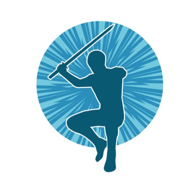 Bir erkek savaşçının silueti kılıçla poz veriyor. Kılıç taşıyan bir savaşçının silueti..