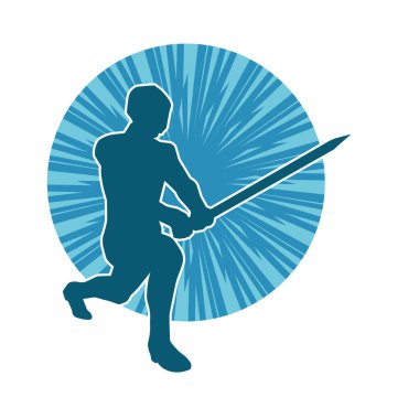 Bir erkek savaşçının silueti kılıçla poz veriyor. Kılıç taşıyan bir savaşçının silueti..