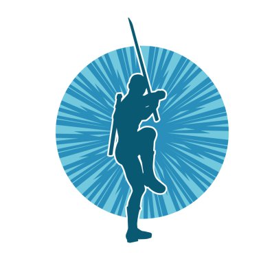 Bir erkek savaşçının silueti kılıçla poz veriyor. Kılıç taşıyan bir savaşçının silueti..