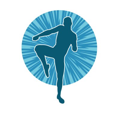 Hareketli erkek kickboksör atletinin silueti. Tekme atan bir adamın silueti..