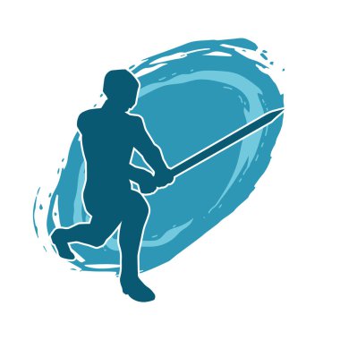 Bir erkek savaşçının silueti kılıçla poz veriyor. Kılıç taşıyan bir savaşçının silueti..