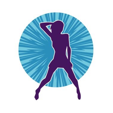 Hareketli pozlarda mini etek giyen bir kadın dansçının silueti. Zayıf bir kadının silueti mutlu bir şekilde dans ediyor..