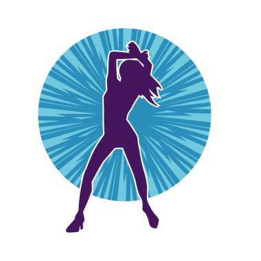 Hareketli pozlarda mini etek giyen bir kadın dansçının silueti. Zayıf bir kadının silueti mutlu bir şekilde dans ediyor..