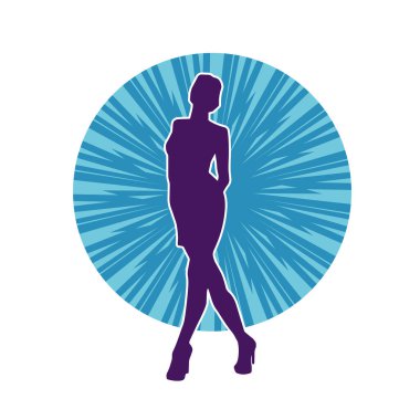 Hareketli pozlarda mini etek giyen bir kadın dansçının silueti. Zayıf bir kadının silueti mutlu bir şekilde dans ediyor..