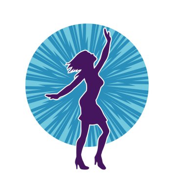 Hareketli pozlarda mini etek giyen bir kadın dansçının silueti. Zayıf bir kadının silueti mutlu bir şekilde dans ediyor..